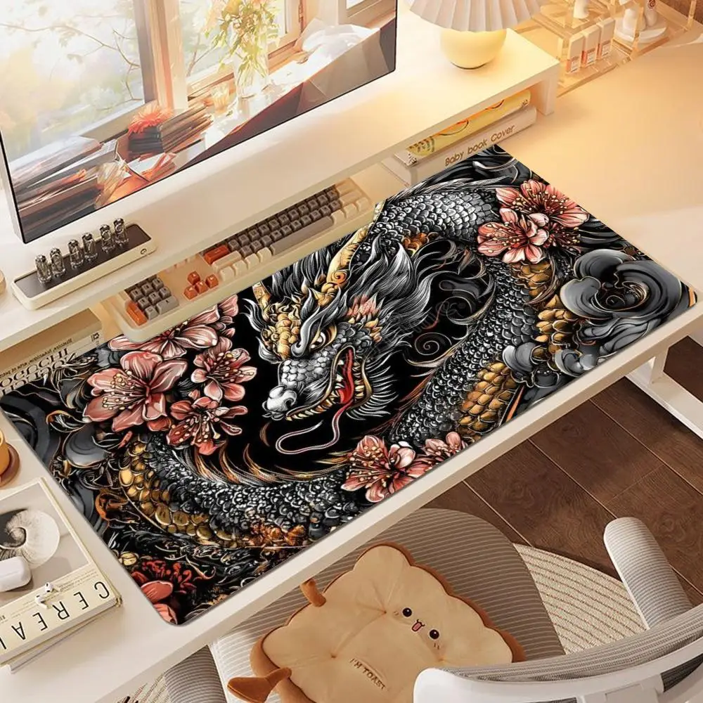 Ornate Black Gold Chinese Dragon Surrounded By Pink Cherry Blossom Mousepad Designed For Laptop Office Game Card Pad