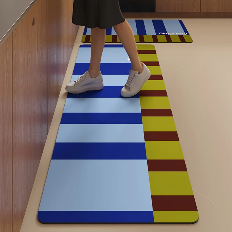 Kitchen Carpet Colorful Striped Rug Anti-slip Oil-proof Floor Mat PVC Leather Waterproof Mats Long Strip Home Decoration Carpets