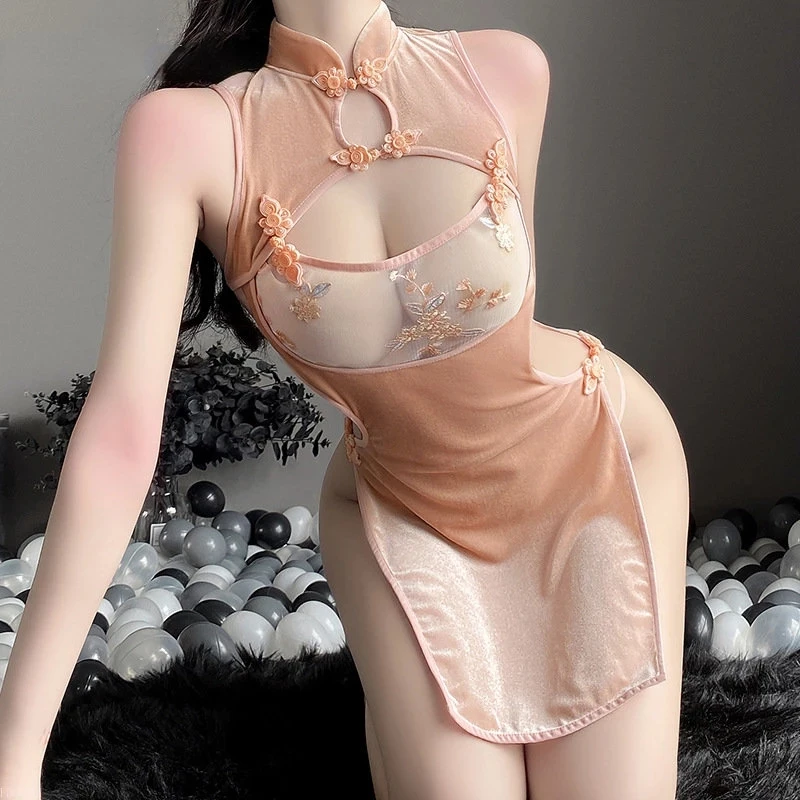 Classical Chinese Cheongsam Lingerie Nightgown Temptation Embroidery Hollow Perspective Qipao Dress High Split Sleepwear Women's