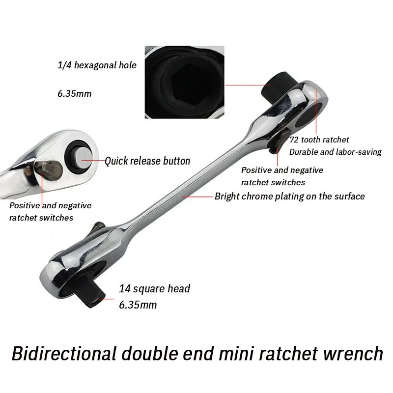 2 in 1 Socket Ratchet Wrench Mini Double Head One Quarter Batch Head Screwdriver Handle 72 Teeth Fast Small Wrench 1PC