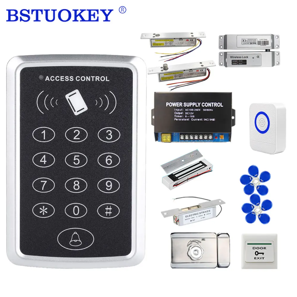 

125Khz Door Access Control System RFID Keypad + 5A Power Supply + 180kg Electronic Rim Magnetic Strike NO/NC Bolt Locks for Home