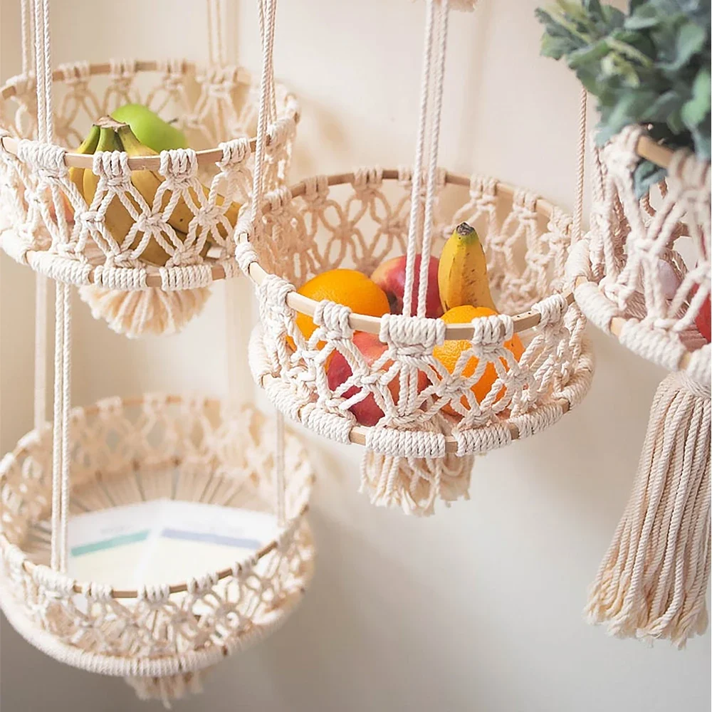 Multi Tier Hanging Basket Macrame Fruit Storage Container Organizer Cotton Rope Hanging Plant Pot for Home Kitchen Garden Decor