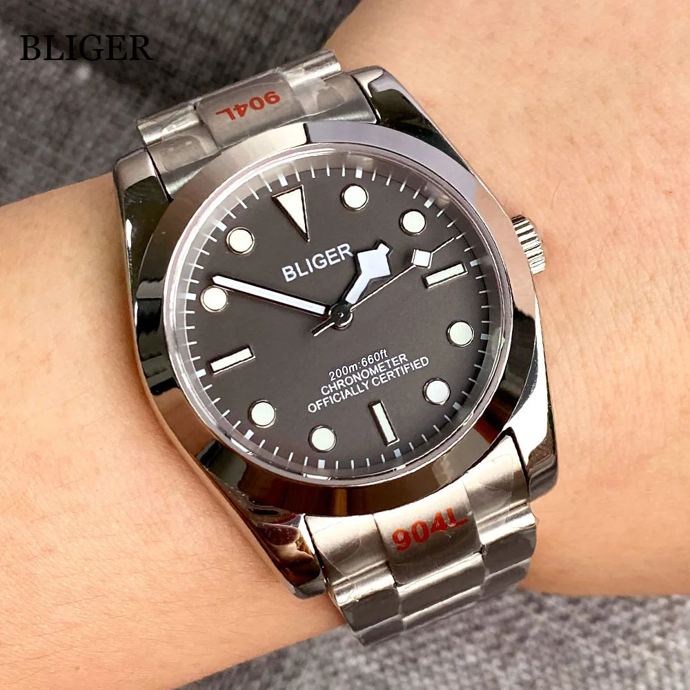 

BLIGER 36mm 39mm Automatic Men Watch Steel Bracelet NH35A MIYOTA 8215 PT5000 Snow Flake Hand Sapphire Glass Luminous Gray dial