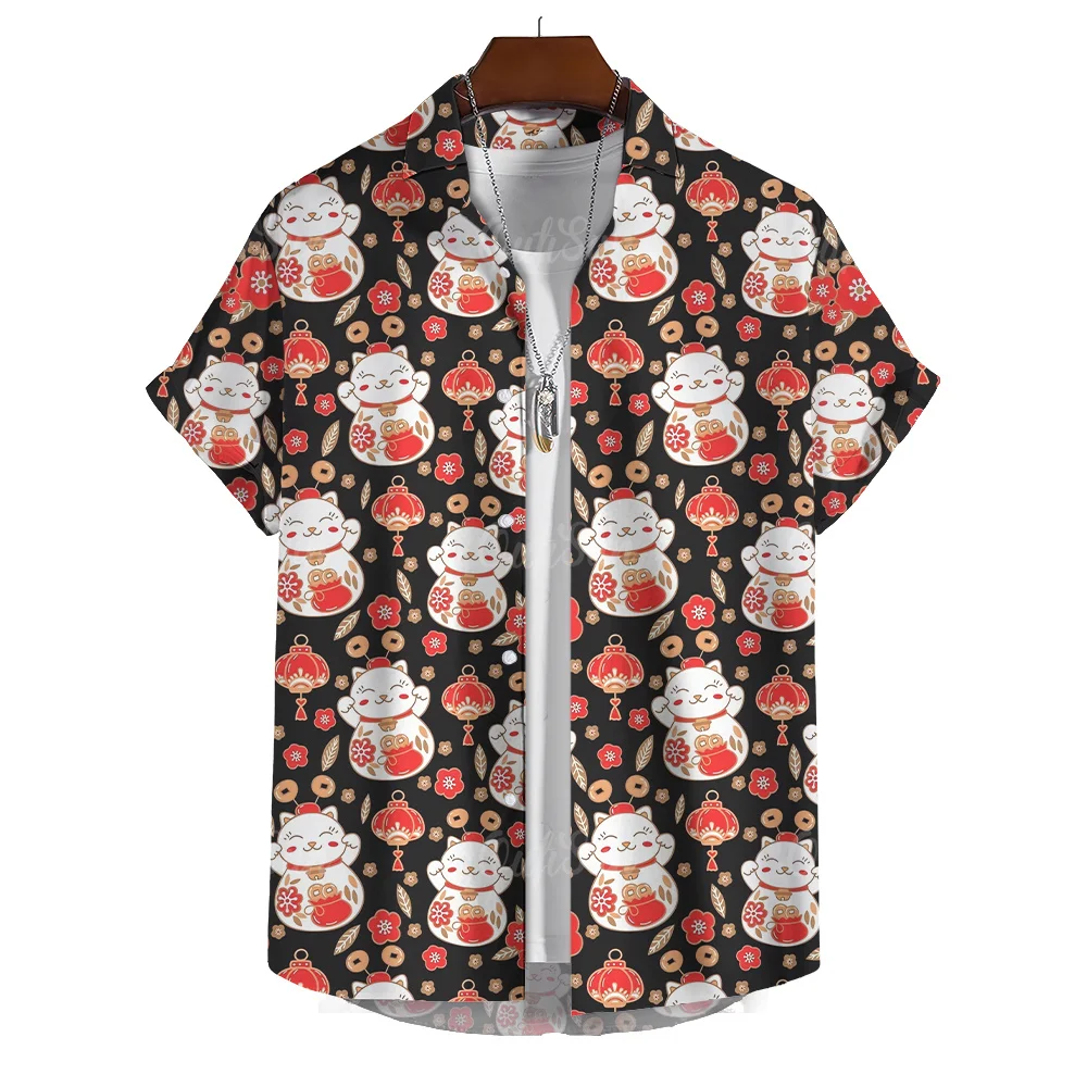 

2026 Lucky Cat Graphic Shirt for Mens Short Sleeve Tops Spring Summer Clothing Oversized Hawaiian Shirts Casual Male Apparel