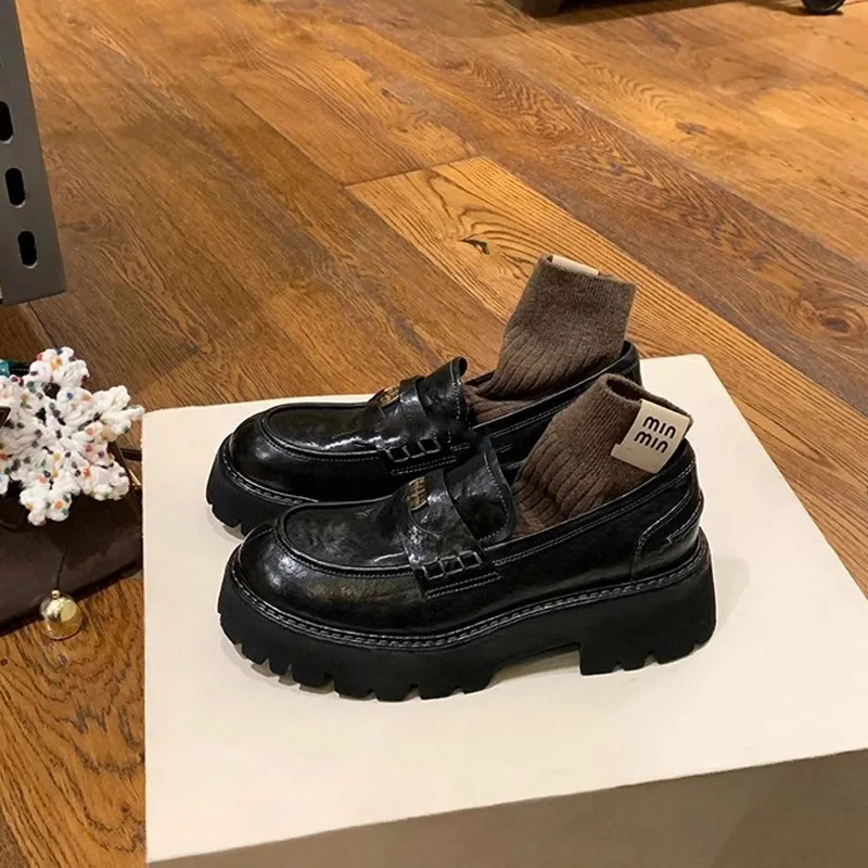 New Patent Leather Chunky Platform Loafers Thick Sole Woman Shoes, Slip on Preppy Casual Zapatos De Mujer,Fashion Лоферы Женские