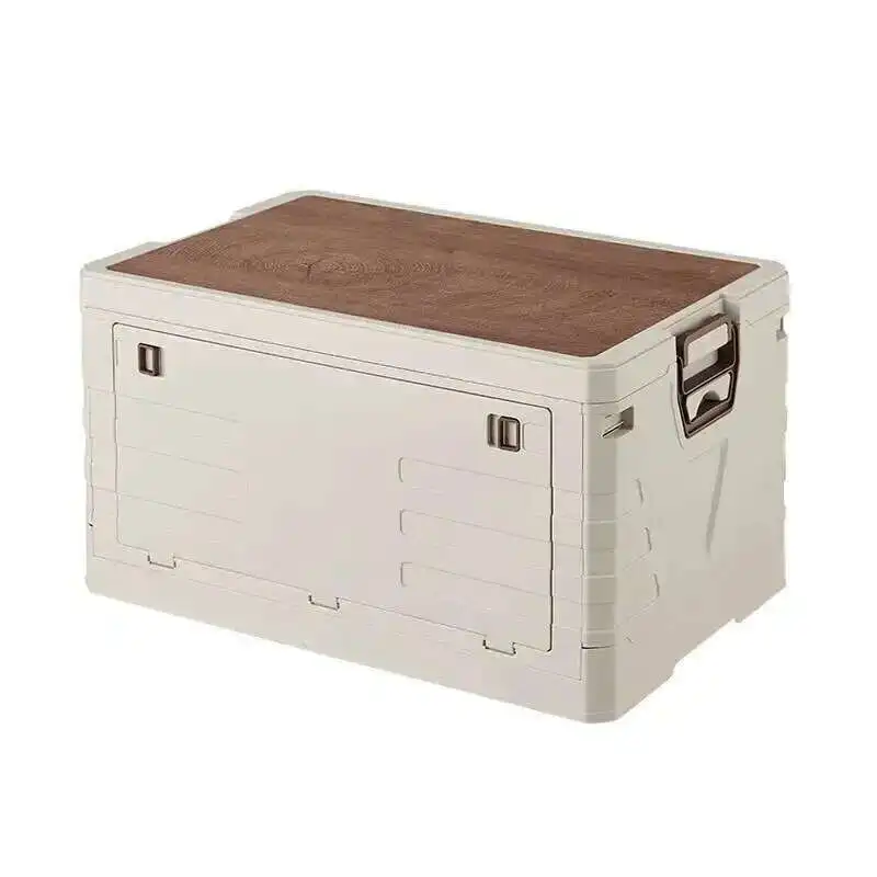 

New Large Capacity Side Open Door With Handle Portable Folding Camping Box Outdoor Wooden Cover Camping Box Plastic Storage Box