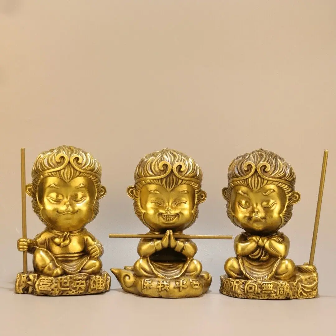 home eudemon God a set of three brass monkey king Sun Wukong statue