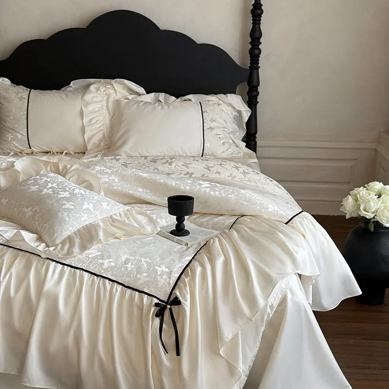 French soft tencel cotton four-piece romantic butterfly jacquard lotus leaf lace quilt cover bed sheet 1.8m bedding