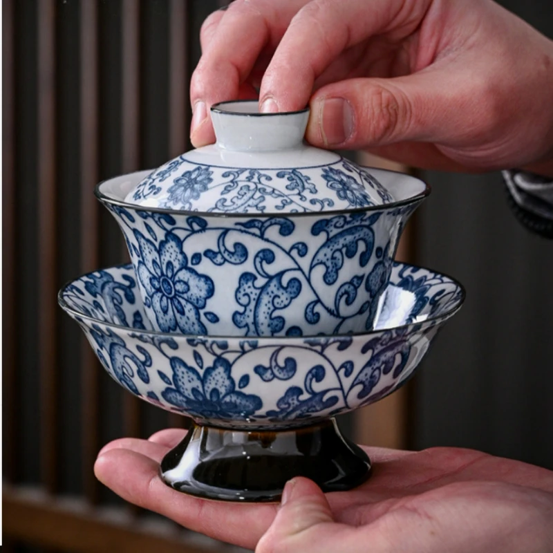 160 ml blaues weißes Porzellan Gaiwan handgefertigtes Gongfu-Teegeschirr aus Keramik mit hohem Fuß, tragbar für Reisen, Camping, Tee