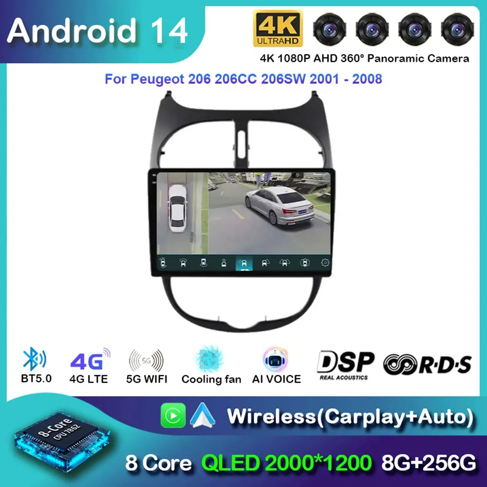 Android 14 Car radio for PEUGEOT 206 206CC 206SW 2000-2005 2006 2007 2008 Multimedia player GPS navi Video 7862 2din Autoradio