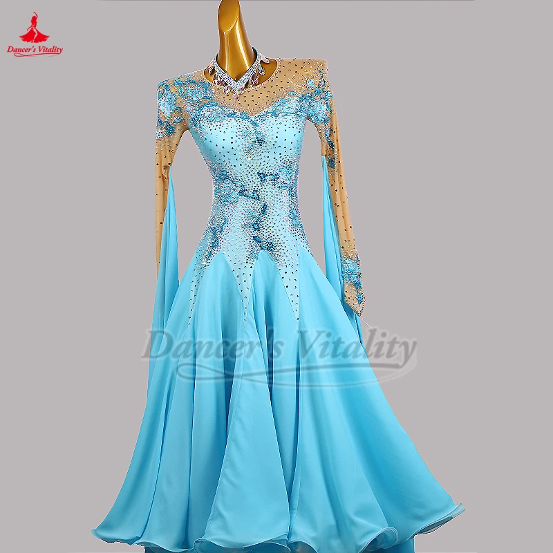 Standaard Sociale Dans AB Stenen Lange Mouwen Jurken voor Vrouwen High-end Aanpassen Quickstep Foxtrot Wals Voer Wedstrijd Kleden