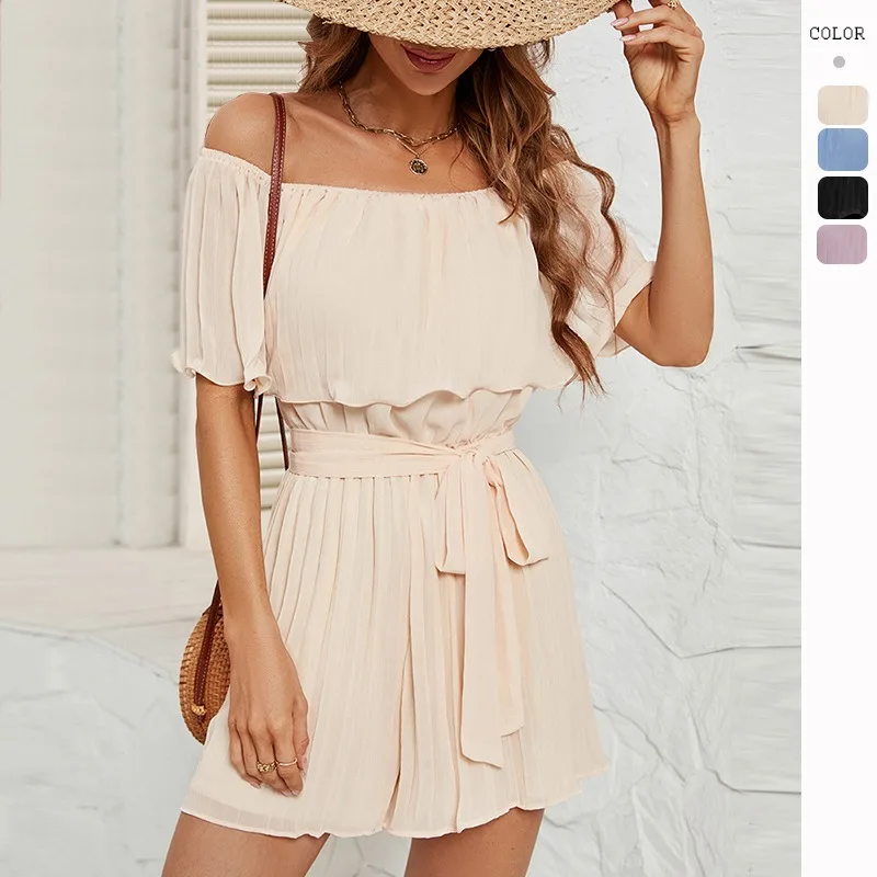 

Wepbel Y2K Summer Playsuits Women Slash Collar Sexy Pleated Five-Quarter Sleeve Jumpsuit Off Shoulder Ruffle Rompers Jumpsuit