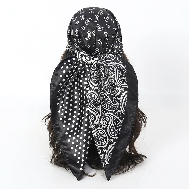 Handkerchiefs Hair Silk Scarf 90*90cm Print Satin Big Square Silk Scarves Shawls for Women Luxury Brand Bandana Hijab Headband