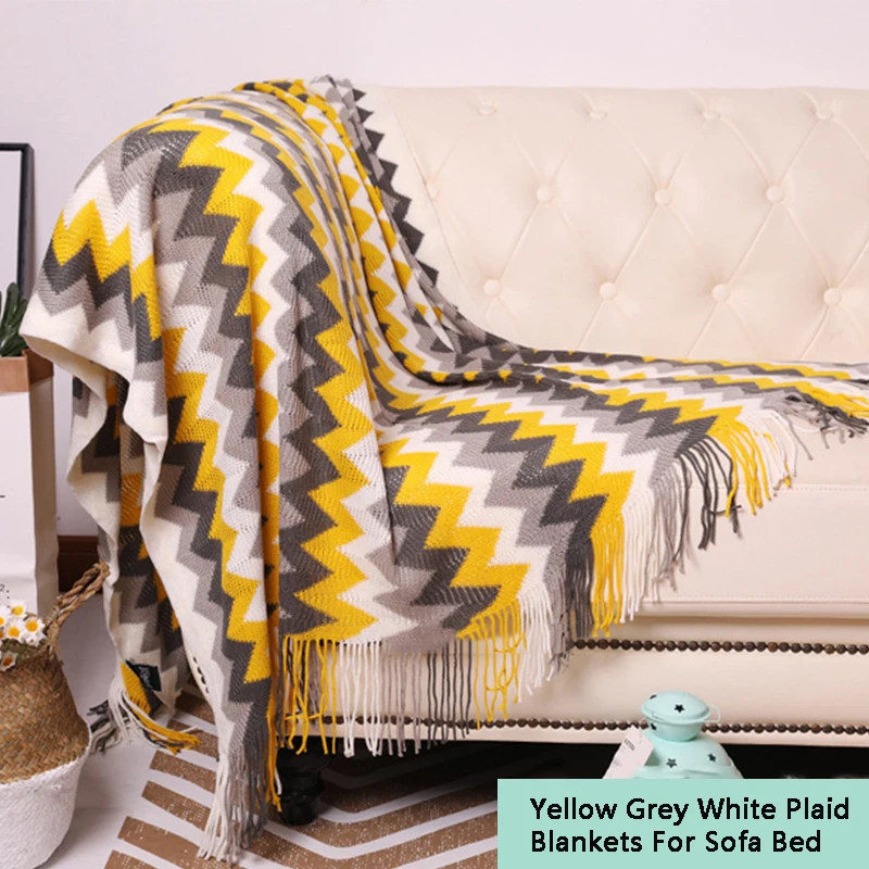 

Yellow Grey White Knitted Blankets For Sofa Bed Geometric Pattern Printed Blanket Winter Sleeping Adult Soft Woven Throw Blanket