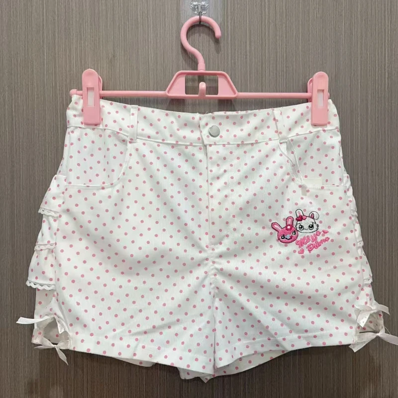 

Japanese Sweet Cartoon Embroidery Lolita Shorts Women Kawai Polka Dot Print Hollow Out Bow Short Pants Y2k Aesthetic Cute Shorts
