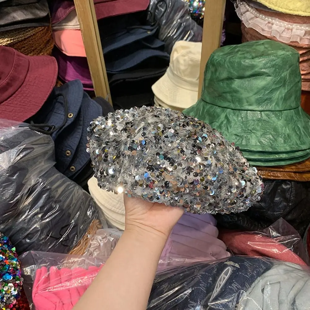 Thin Glitter Sequin Beret Big-headed Cloud Retro Style Sparkling Sequin Beret Octagonal Shape Fashion Beret Party Occasion