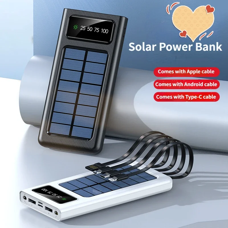 

2025 New 50000mAh Large Capacity Solar Power Bank Built-in Cable Outdoor Solar Charger with LED Light Super Fast Charging