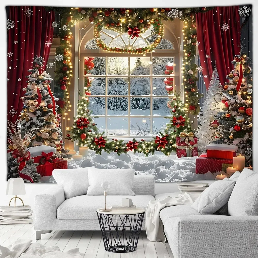 Christmas Day party decoration tapestry Winter snow scene Christmas tree garland window landscape wall hanging home decoration