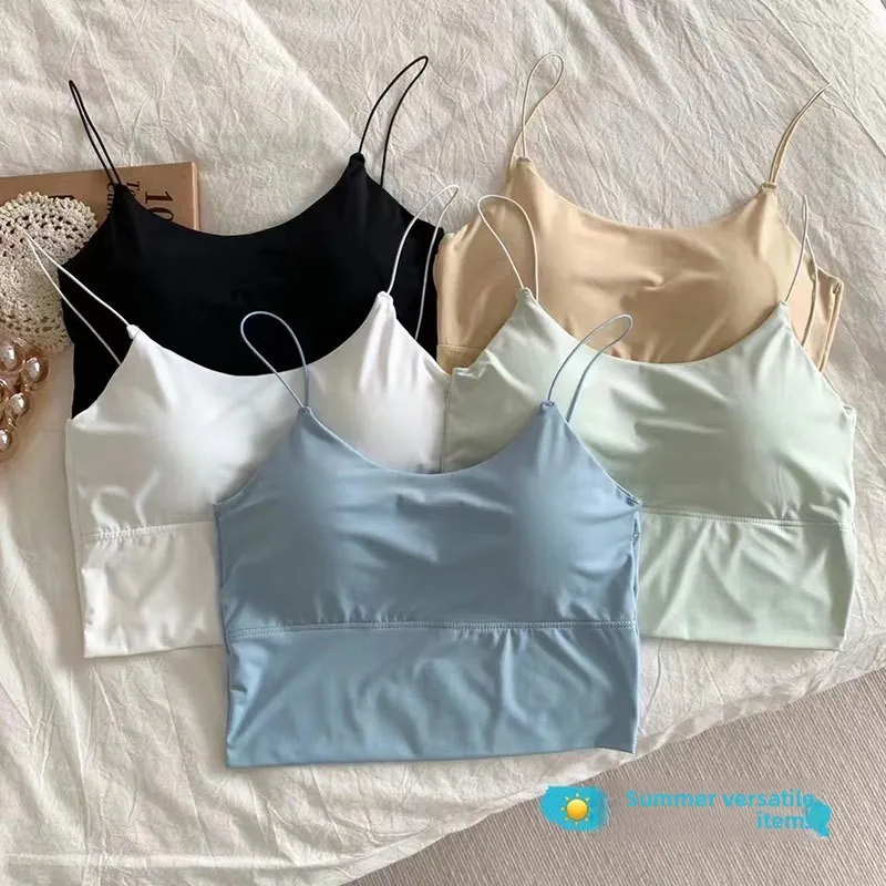 Women's Fashion Sexy Solid Color Suspender Ice Tube Seamless Sports Fuel Tank Top Wireless Underwear Lined Bra Bra Vest