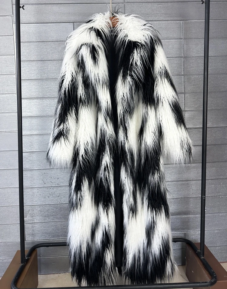 

aduated Stripe Fur Coat Punk Sexy Loose Woolen Women's Faion Outerwear Long Sve Commute Sle Mid-Length Jaet