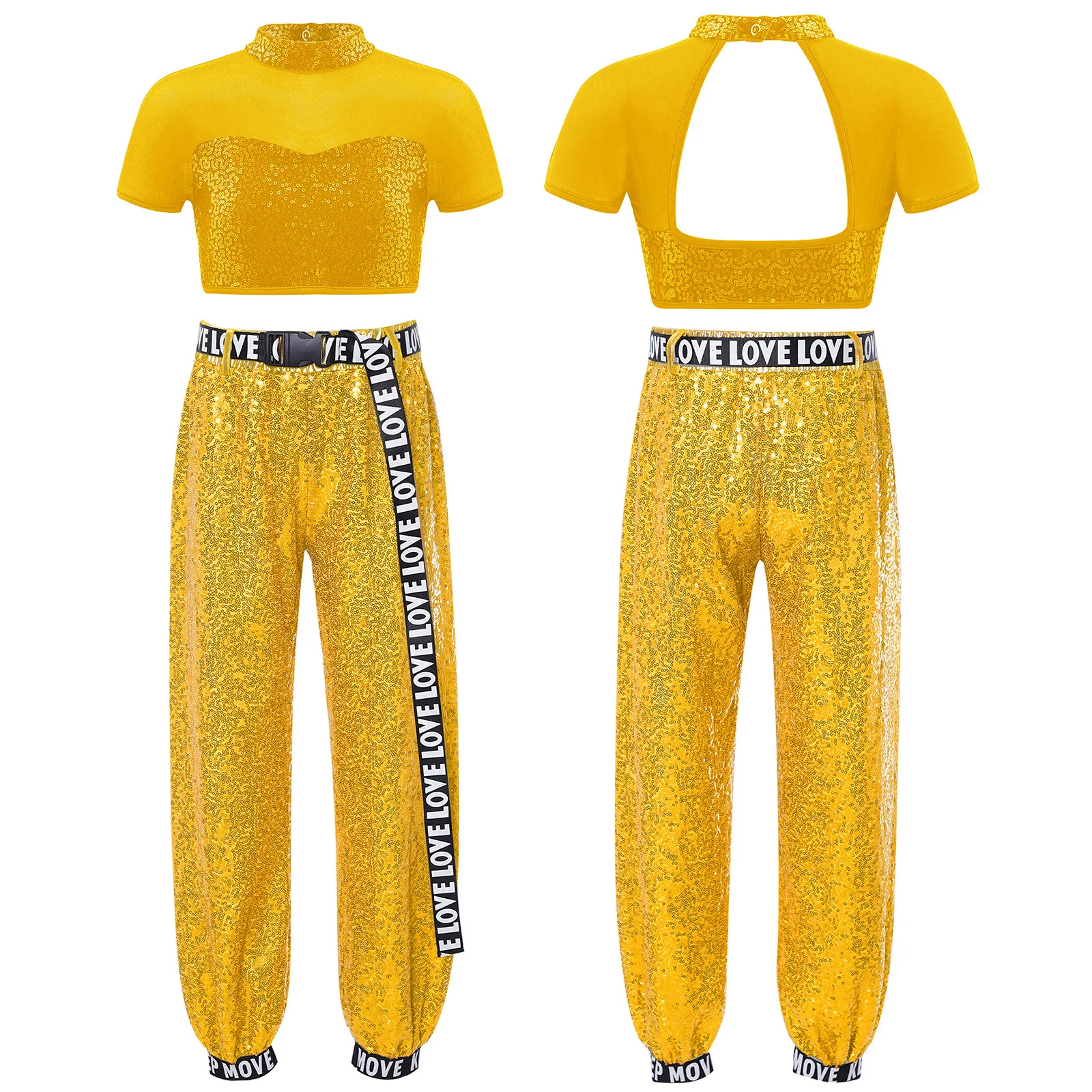 ชุดเต้นแจ๊สสำหรับเด็กผู้หญิง เสื้อครอปท็อปปักเลื่อมแบบตัดต่อ+กางเกงเลื่อม+เข็มขัดพิมพ์ลายตัวอักษร สำหรับการแสดงบนเวที ฮิปฮอป