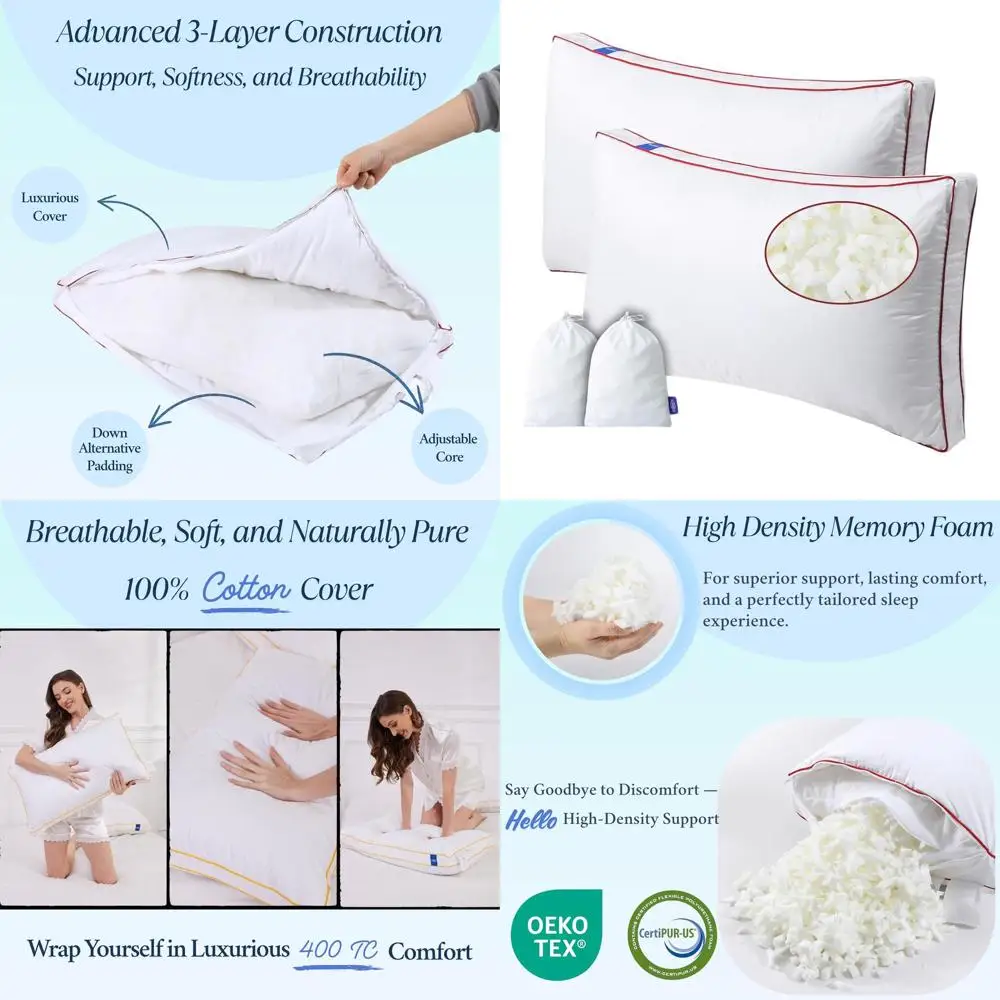 

Роскошный регулируемый комплект подушек из пены с эффектом памяти, размер King (2-34x18 дюймов), чехол из органического хлопка с плотностью 400 нитей, наполнитель — плюшевый пух (альтернатива).