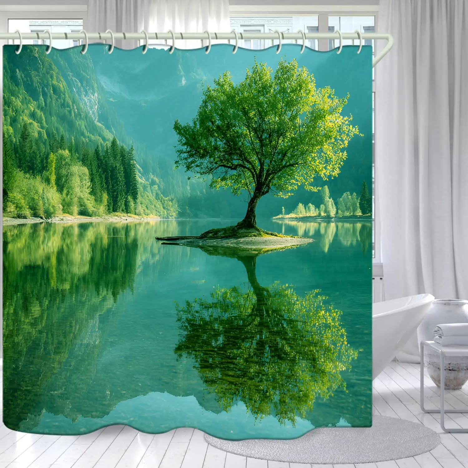 Waterproof Shower Curtain Nature Forest Pond Tree Landscape Decor Bathroom Prints Waterproof Serene Scene 180x180cm