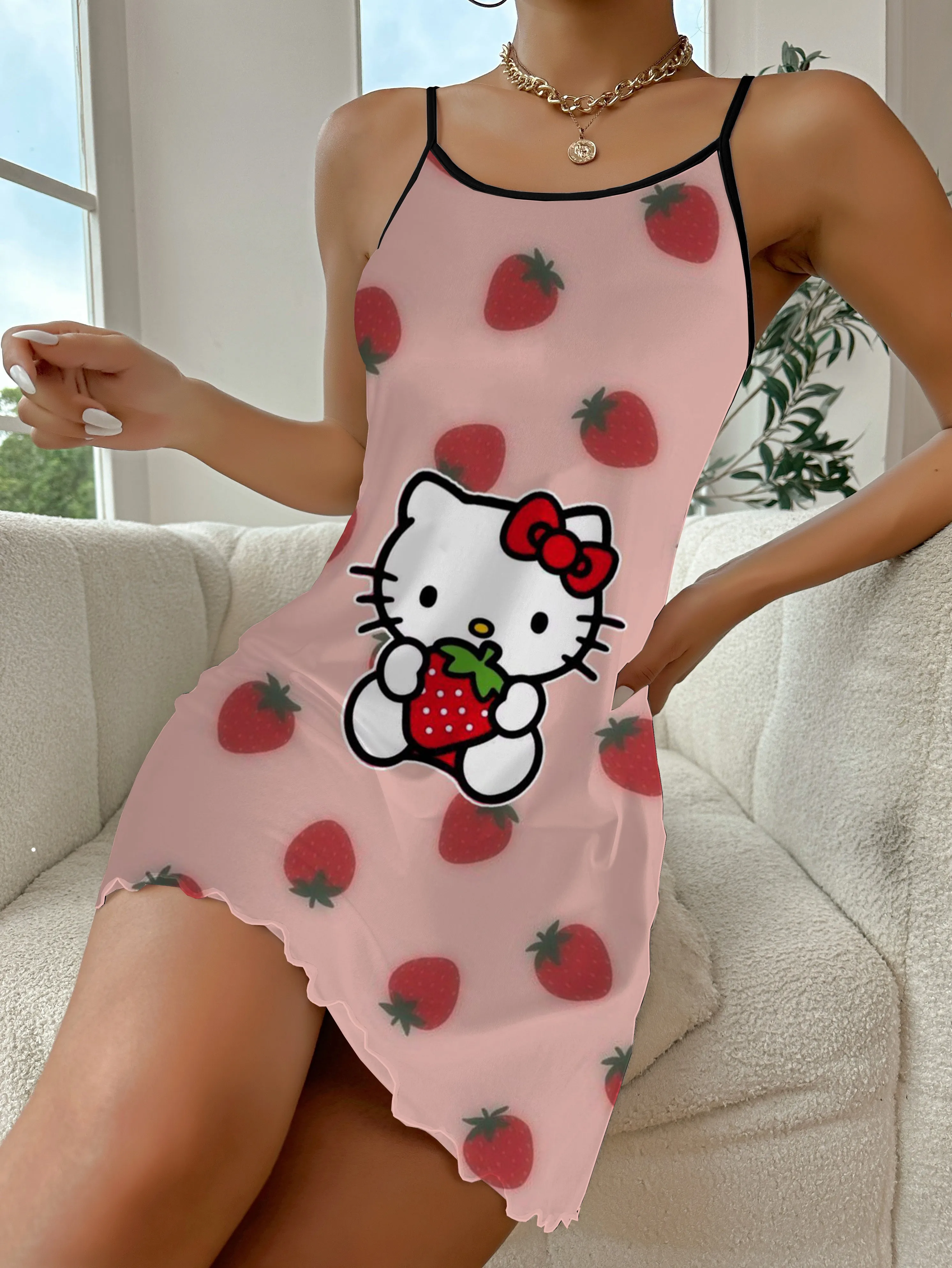 

Sexy Dress Pajama Skirt Elegant Dresses for Women Crew Neck Lettuce Trim Hello Kitty Satin Surface Fashion Summer 2024 Chic Mini