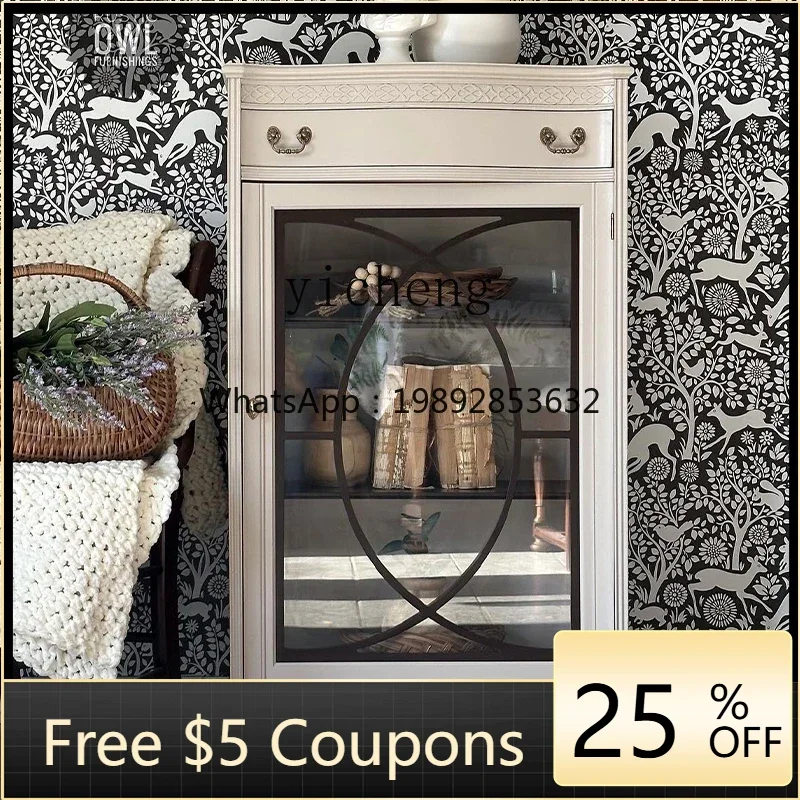 D1French Retro Bedroom Nightstand Living Room Sideboard Decorative Small Side Cabinet Solid Wood Glass Storage Cabinet