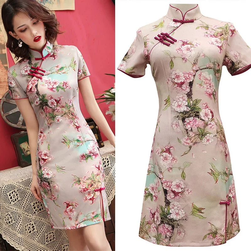 

Традиционное китайское платье, винтажное платье Cheongsam, сексуальное короткое Ципао с цветочным принтом, женские платья из искусственного шелка, классические винтажные платья на пуговицах