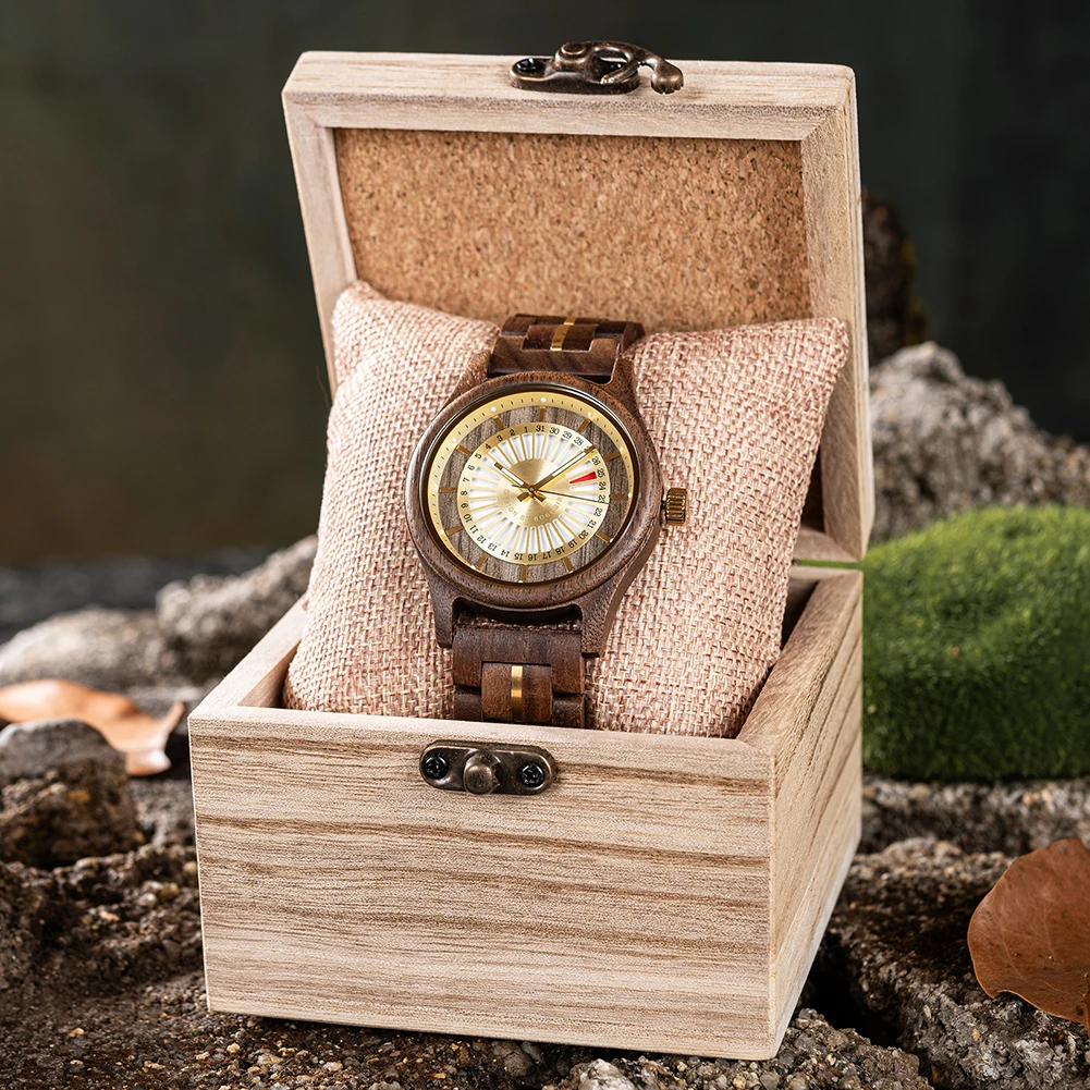 BOBO BIRD Mens Wooden Watches Walnut Wood Watch Quality Movement Luminous Hands Date Display Watches for Men Anniversary Gift