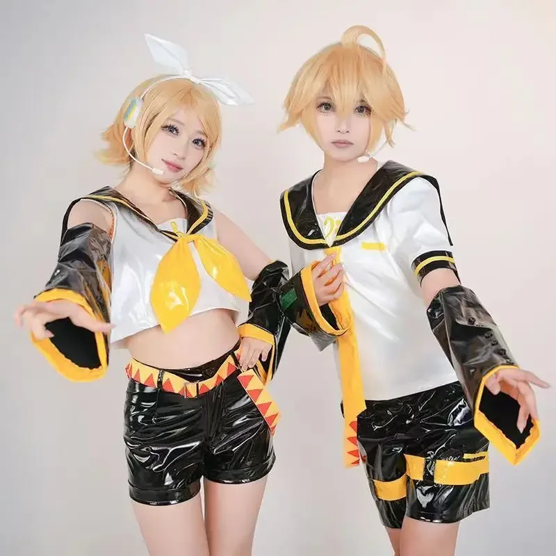 Kcagamine Rin Len Cosplay Costume, Twin Brother Ajustable Uniforme, Robe, Chaussures, Perruque, Costume de ixd'Halloween, Complet Trempé, Anime