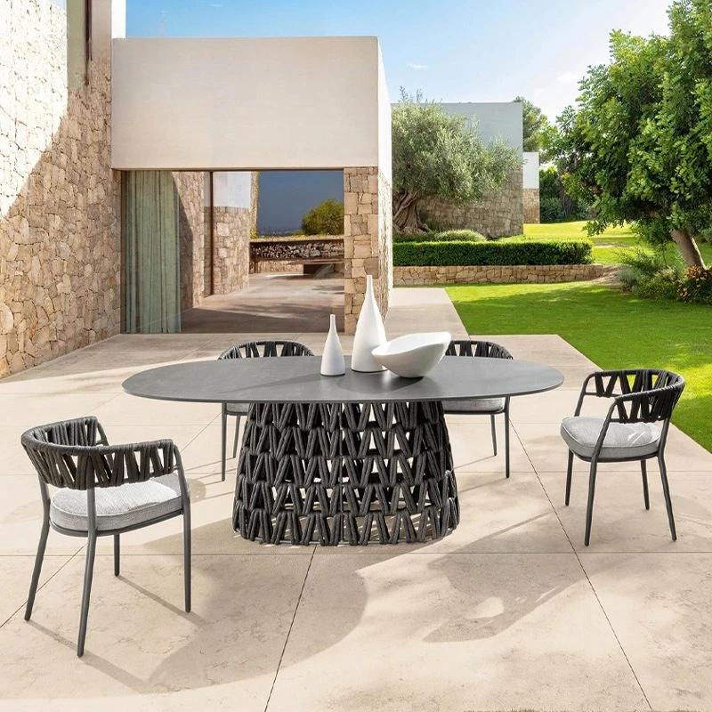 في الهواء الطلق فيلا شرفة بلاطة الصخور طاولة طعام حديقة فناء طاولات وكراسي الروطان مقاوم للماء وواقي من الشمس