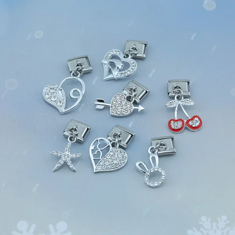 Hapiship Fashion New Romantic Heart Cherry Shiny CZ Italian Charm Link Fit 9mm Bracelet Stainless Steel Making DIY Jewelry DJ605