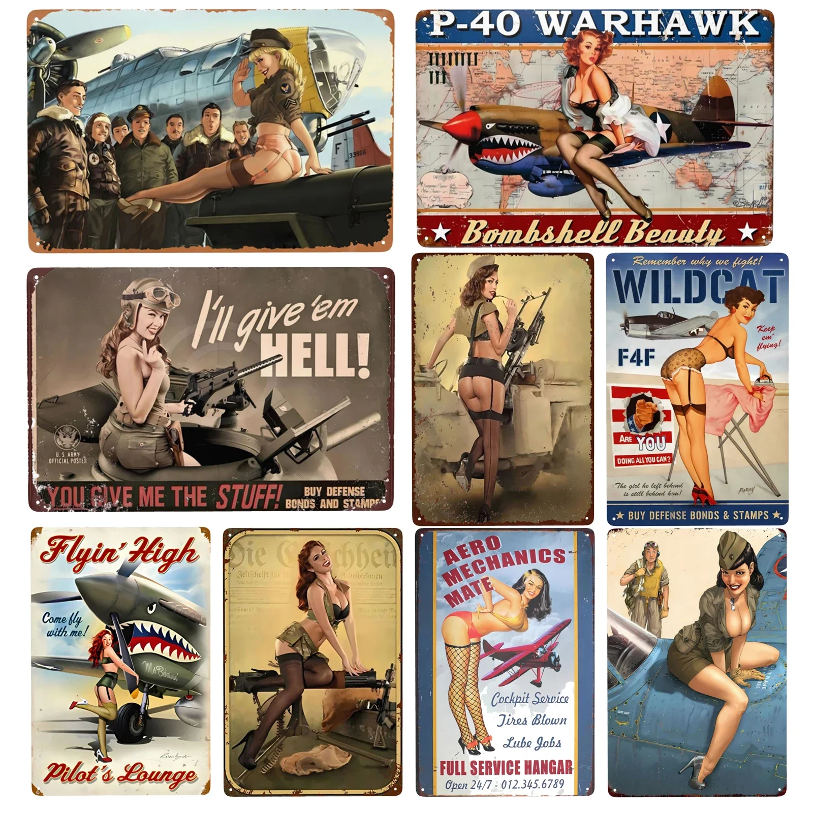 1pc Vintage Army Pin Up Girl Metal Signs Airplane Air Force Girl with Guns Sign for Garage Bar Man Cave Wall Decor 12x8 Inch