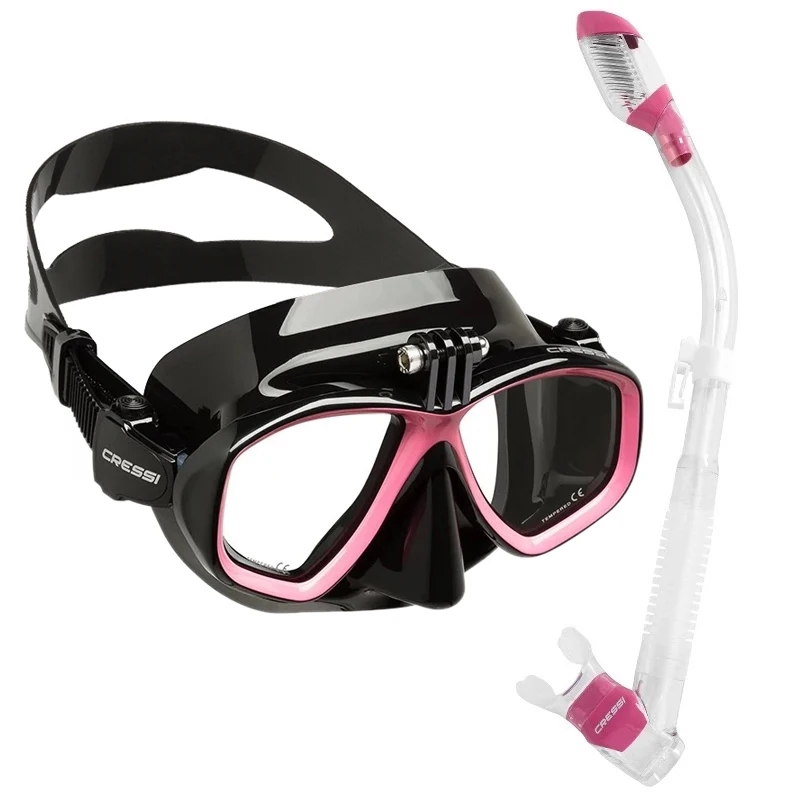Cressi ACTION Scuba Diving Mask With Go Pro Camera Mount Tempered Glass 2 Window Low Volume Snorkeling Swimming Mask  for Adults