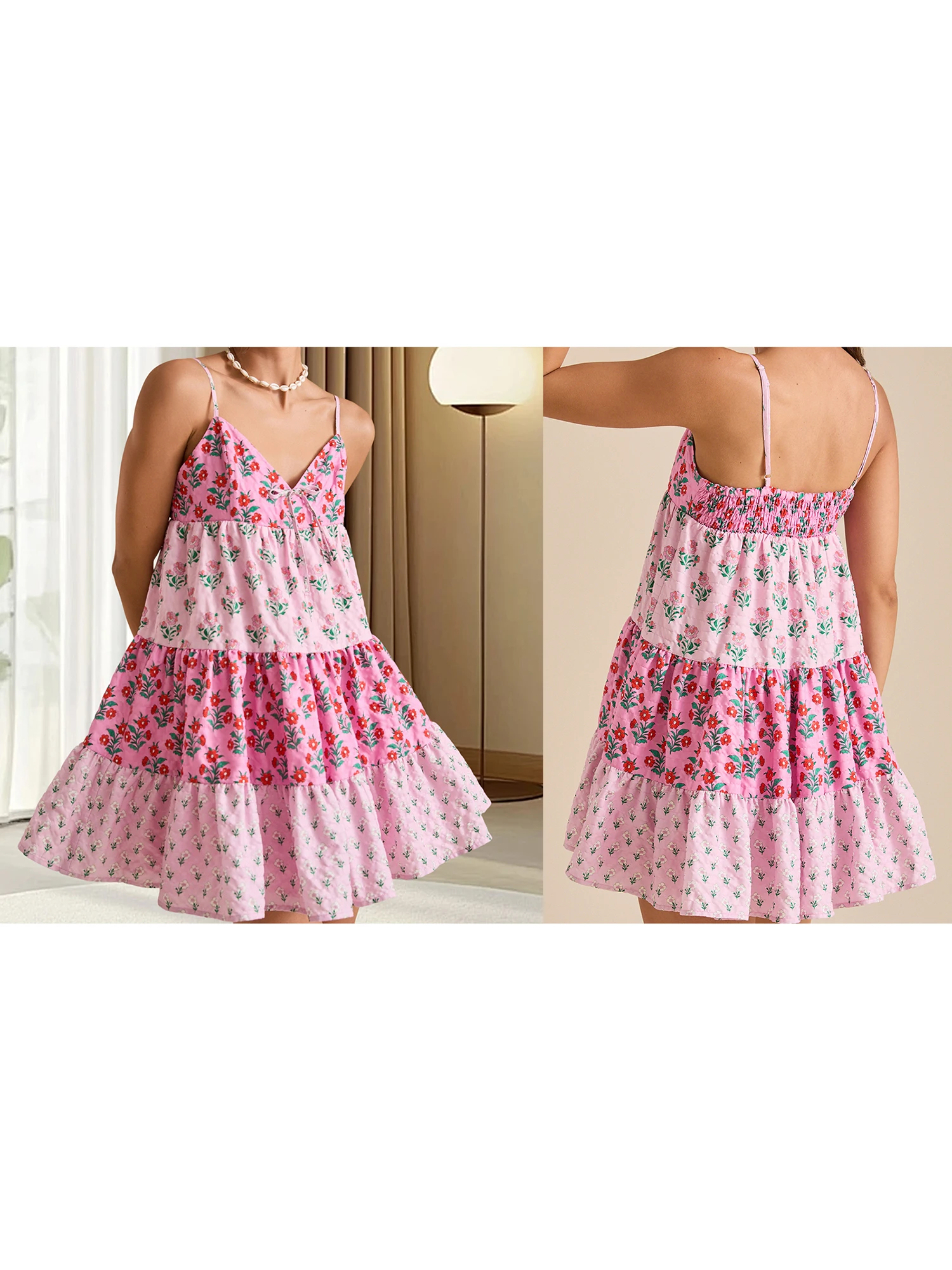 Women s Floral Print Sleeveless Mini Dress with V Neckline and Open Back Detail Spaghetti Strap Summer Cami Dress