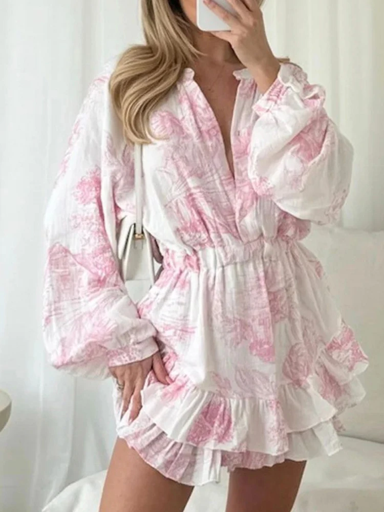 Vestido de fiesta Bohe con estampado de patrón elegante, minivestido drapeado con volantes y cintura alta con botones a la moda, vestido informal de manga larga para mujer