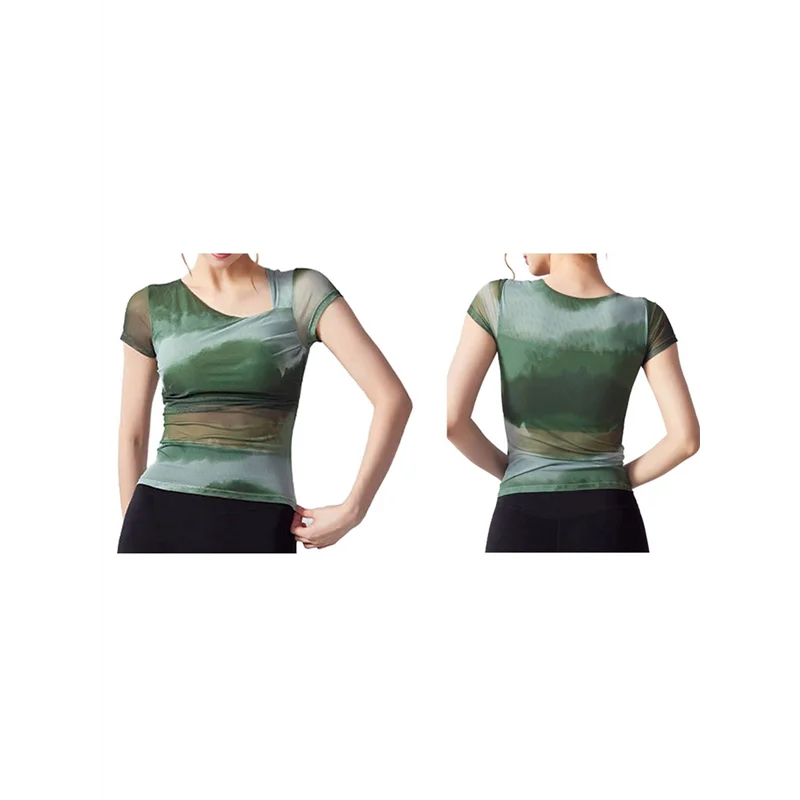 ABP-Camisas de malla con estampado floral y cuello asimétrico para mujer, blusas ajustadas de manga corta fruncidas