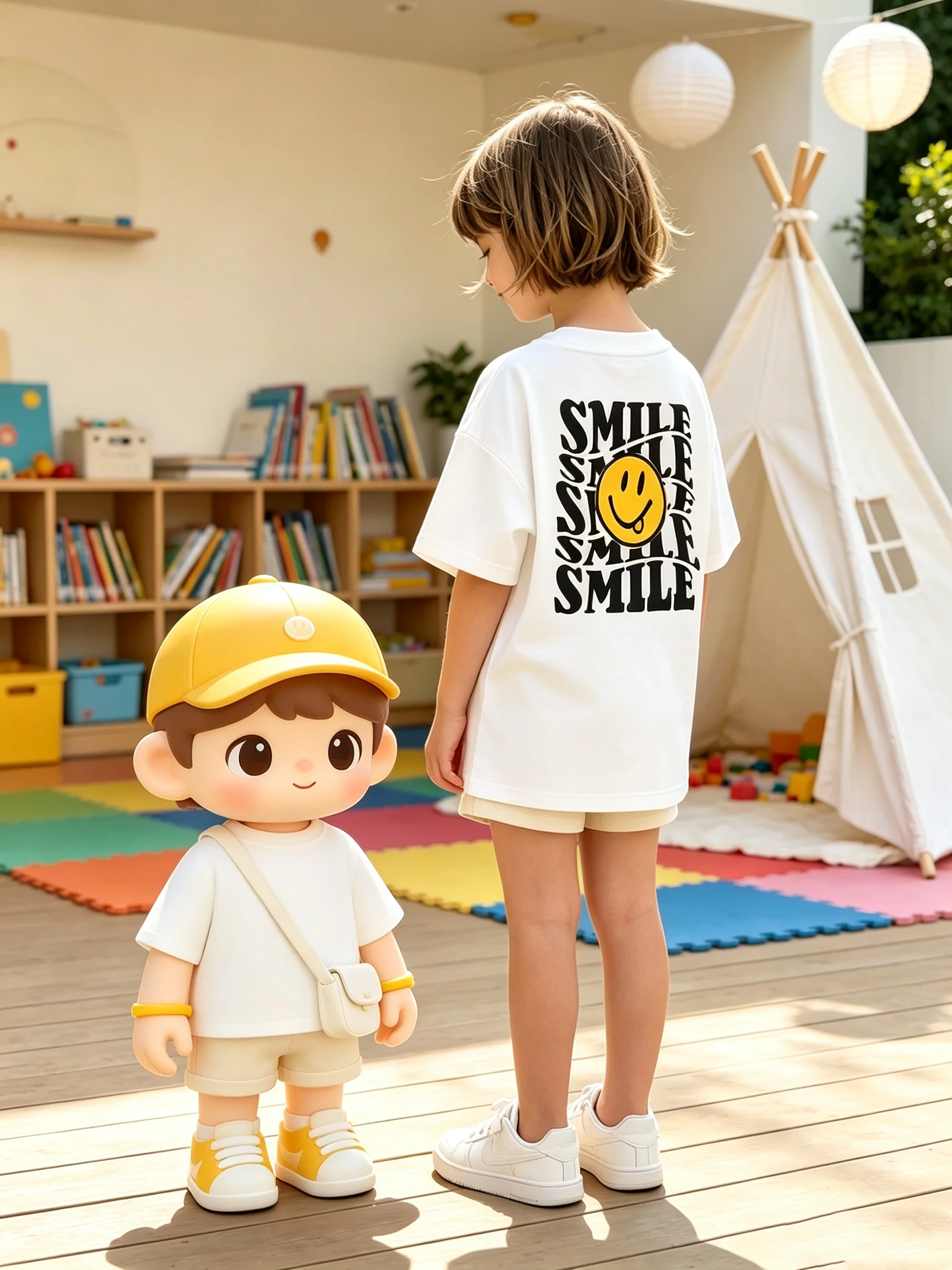 Children's casual, elegant and fashionable round neck smiley face pattern letter print short sleeved T-shirt top