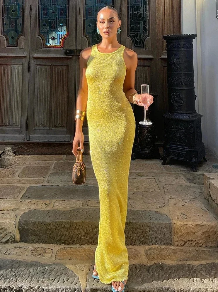 

2026 Women's Sequin Knitted Dress - Sexy U Neck Sleeveless Slim Beach Dress, Summer Fashion Party Vestidos & Swimsuit