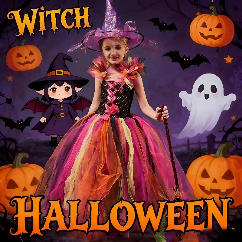 

Halloween Witch Cosplay Costume Long Sleeve Witch Dress Fluffy Tulle Skirt Holiday Party Performance Outfit Role Play Costume