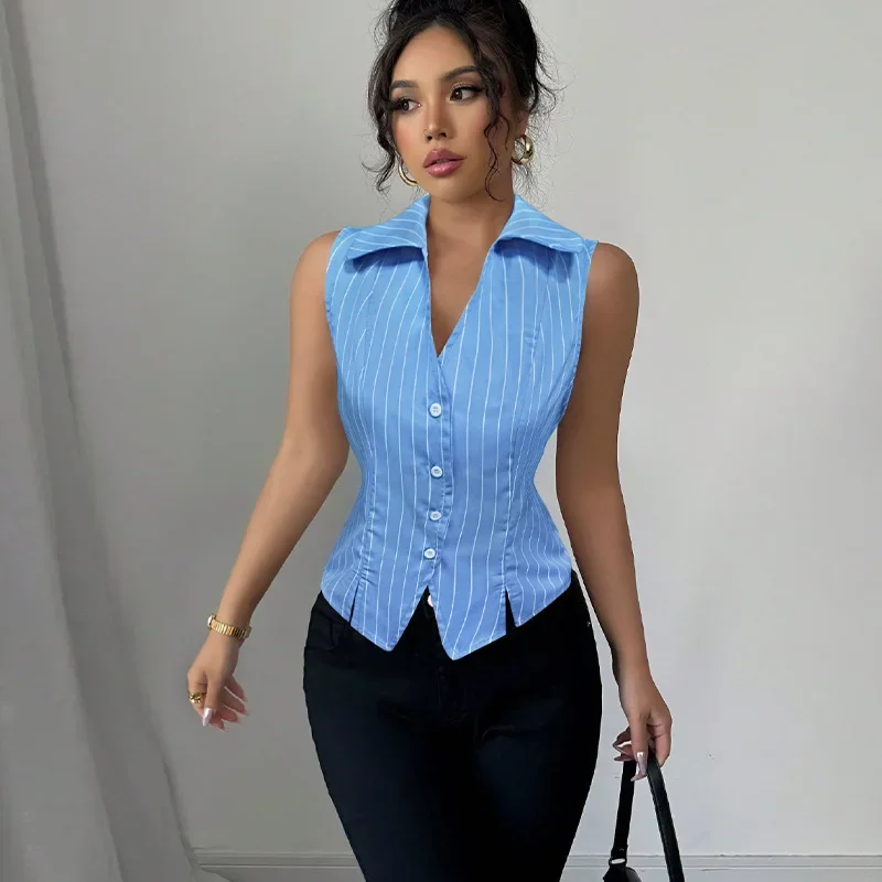 Camicia estiva casual slim gilet donna 2025 camicetta con stampa a righe senza maniche moda top donna elegante