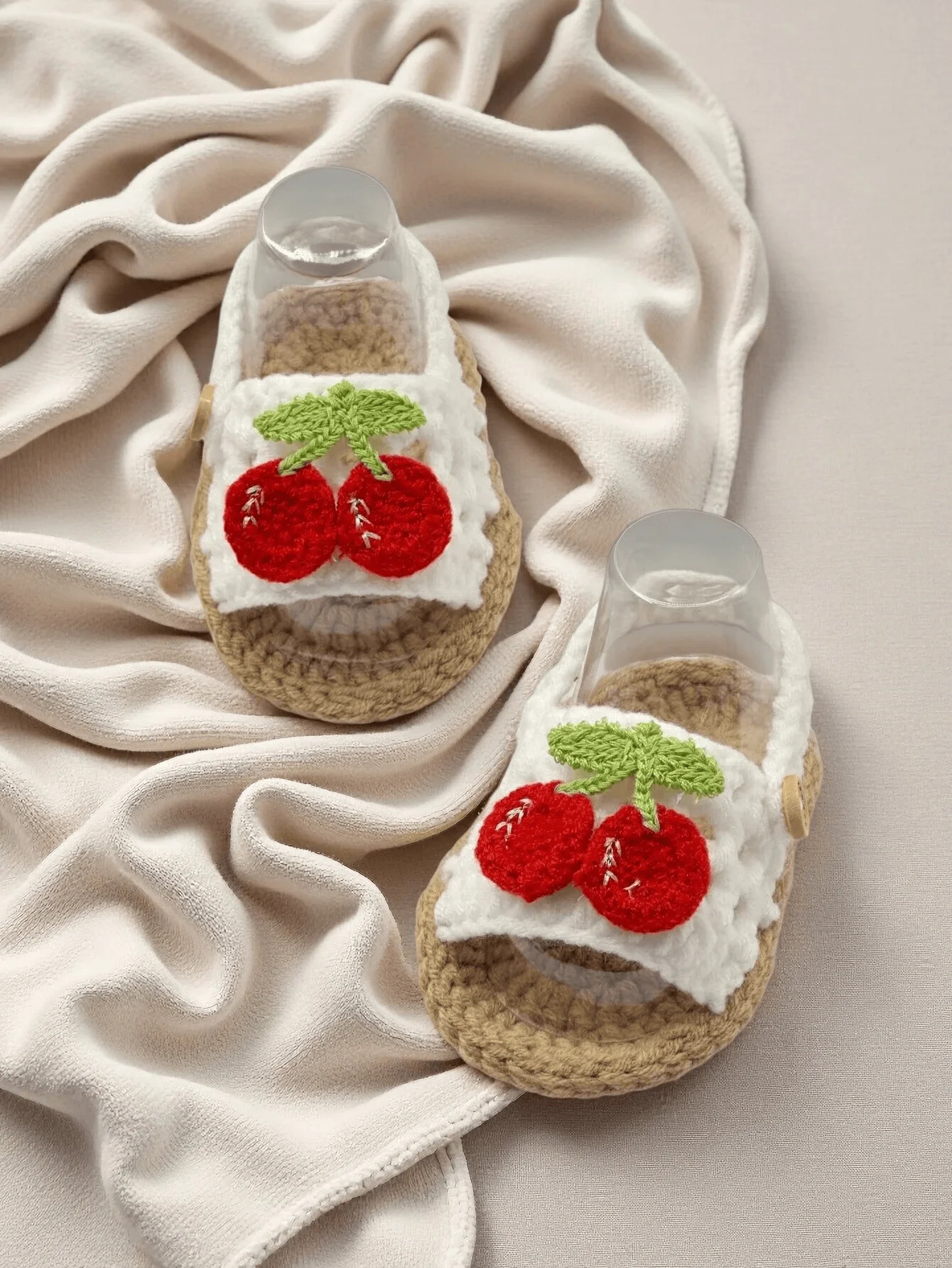 1 Pair Baby Girl Crochet Sandals with Cherry Embroidery, White and Khiki, Knit Woven Sole
