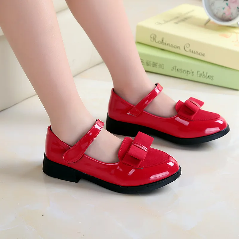 New Spring Autumn Girl Shiny Bow Soft-soled Mary Jane Princess Shoes Children Buckle Student Shoes Kids Campus Stage Dance Shoes
