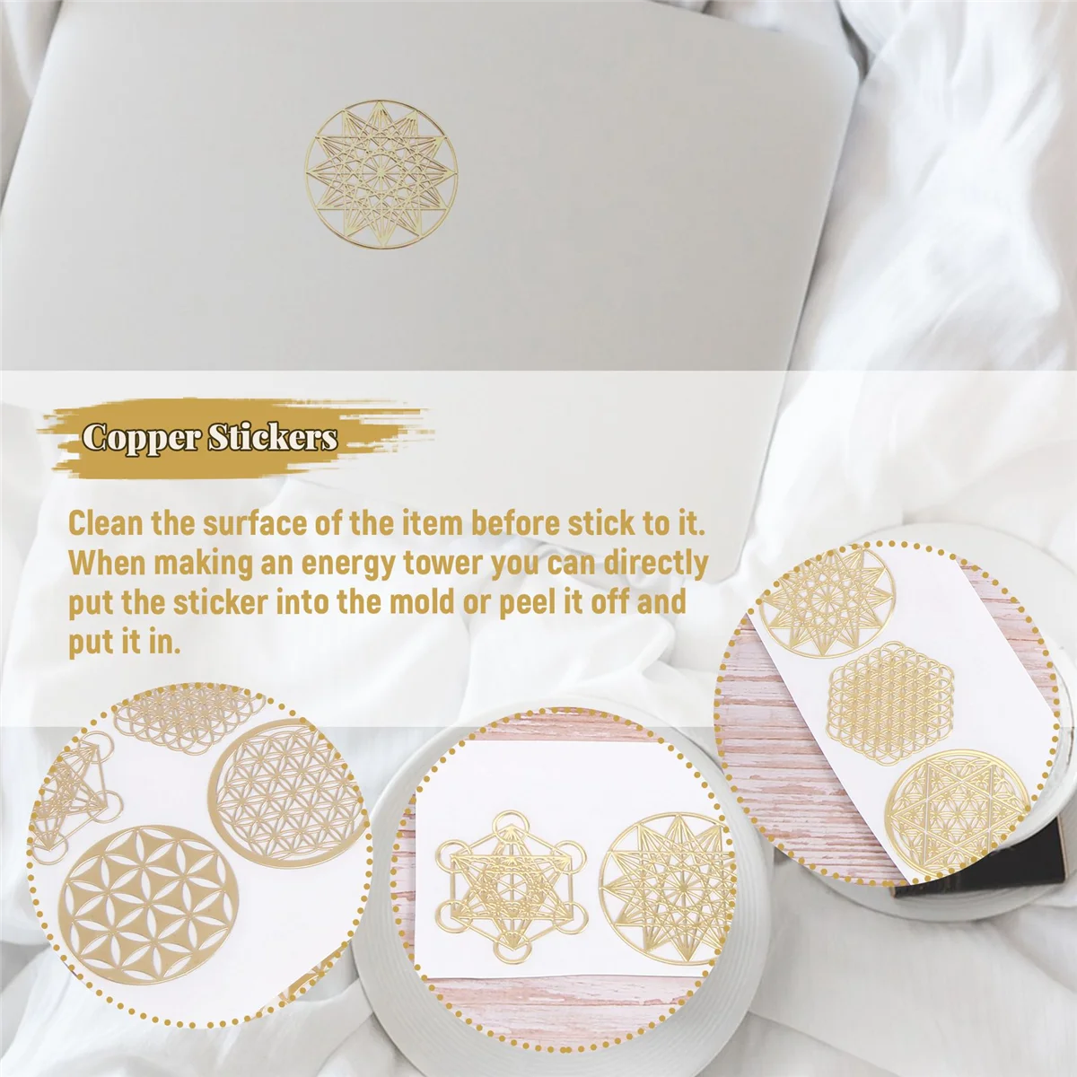 A44T16Pcs/Set Metal Energy Decor Sticker Flower of Life Children's Day Gifts 7 Chakra Copper Energy Tower Orgonite Stickers