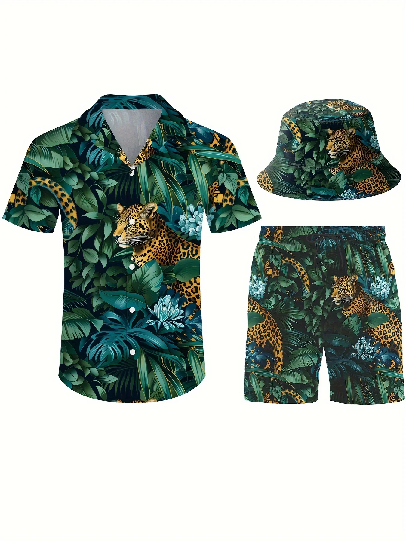 

Mens 3pcs Hawaiian Beach Outfit with Jungle Leopard Print Hawaiian Shirt Beach Shorts Bucket Hat Set Summer Beachwear S-3XL