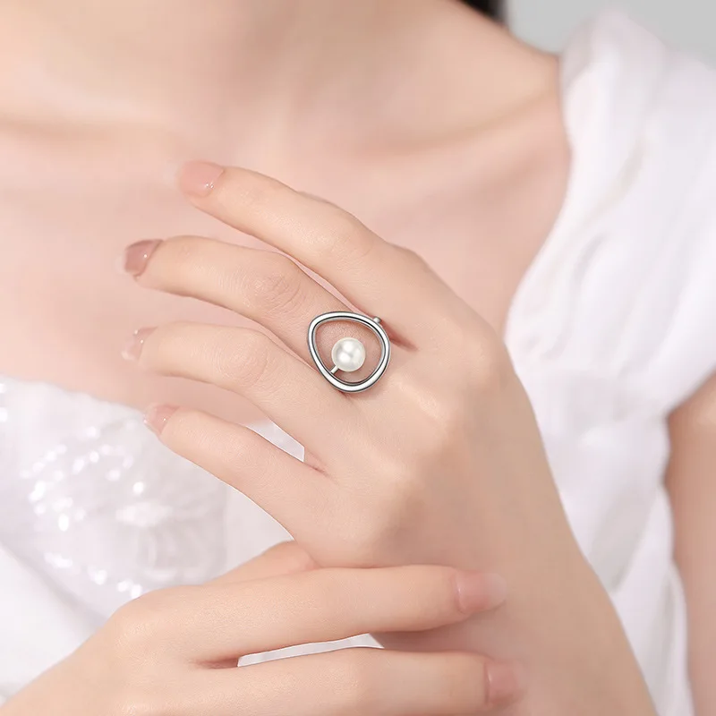 Hot Sale Geometric Pearl Open Ring, Minimalist Irregular Ring for Women, Elegant and Modern Jewelry for Gift