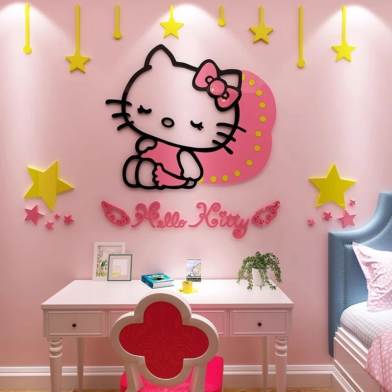 

Sanrio Hello Kitty Room Decor Acrylic 3D Wall Sticker Self-Adhesive Cute Children Background Wall Decorative Painting Kid Gifts
