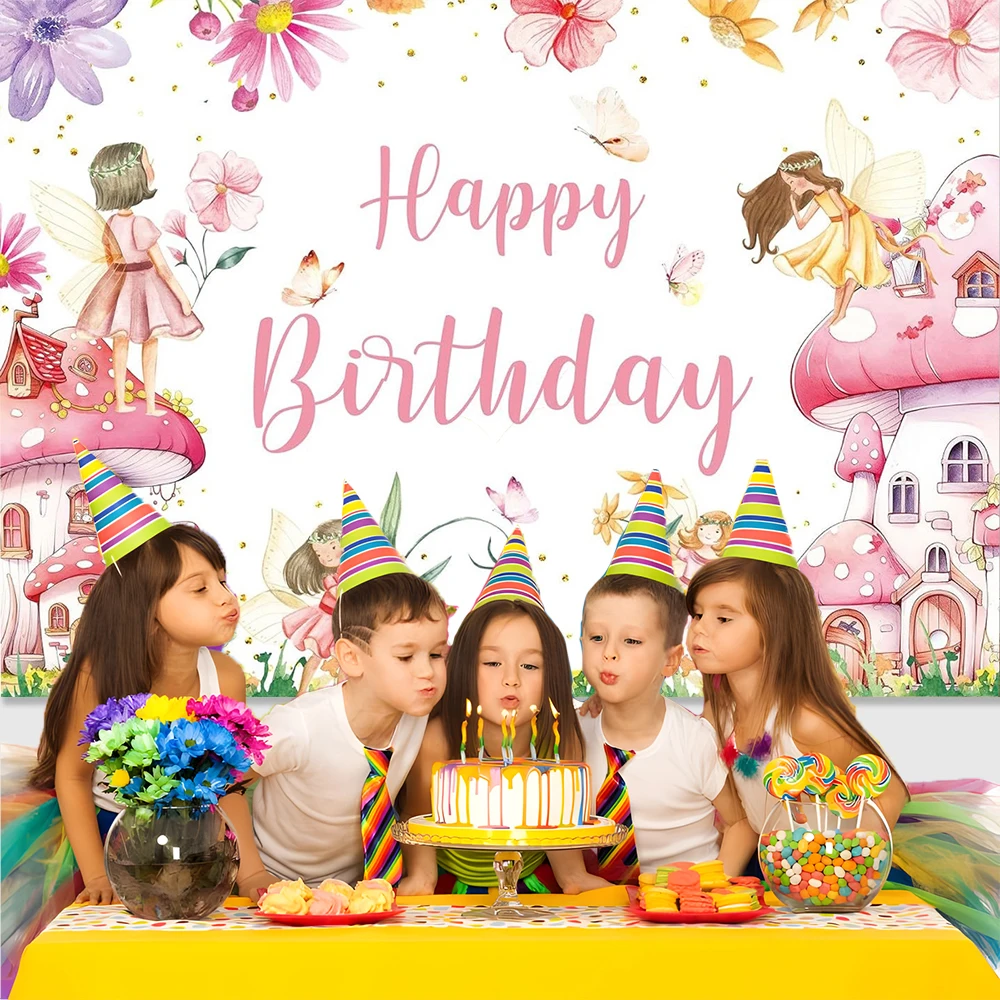 Flowers Fairy Mushroom House Elf Butterfly Fairy Tale Background Girl 1st Birthday Party Decoration Banner Baby Shower PhotoProp